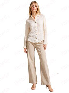 ZARA Ecru Crinkle Effect Gold Button Blouse Women XS NWT